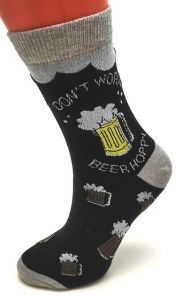 Veselé bavlněné ponožky černo-šedé - vpletený obrázek piva | | vel. 39 - 42, vel. 43 - 46