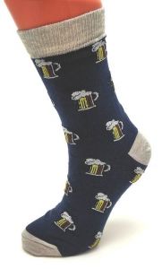 Veselé bavlněné ponožky tm.modro-šedé - vpletený obrázek piv |
